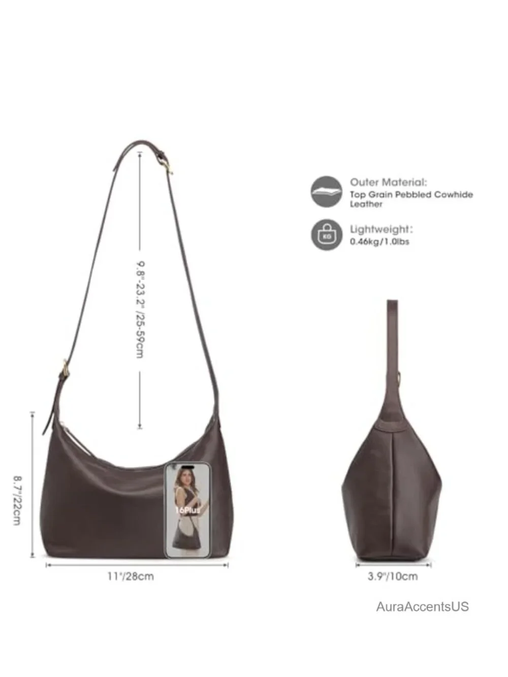 Genuine Leather Hobo Bag Removable Strap Crossbody Shoulder Purse